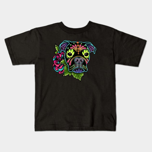 Boxer in Black - Day of the Dead Sugar Skull Dog Kids T-Shirt by prettyinink